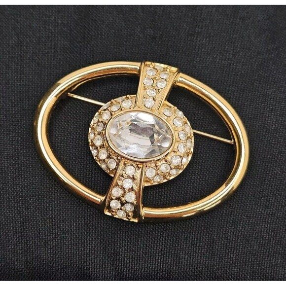 Vintage Monet Gold Tone Crystal Rhinestone Deco Style Brooch 1980s - Picture 1 of 8